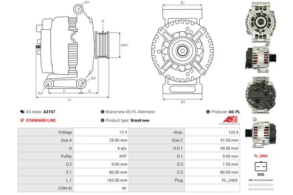 Generator alternator, Citroen, Mini, Peugeot, 272x196x187 mm, AS-PL A3157