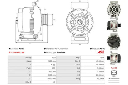 Generator alternator, Citroen, Mini, Peugeot, 272x196x187 mm, AS-PL A3157