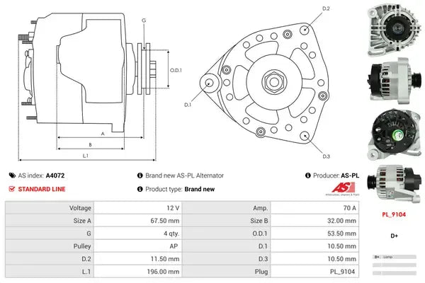 Generator alternator, Abarth, Alfa Romeo, Fiat, Ford, Lancia, Opel, 266x184x184 mm, AS-PL A4072