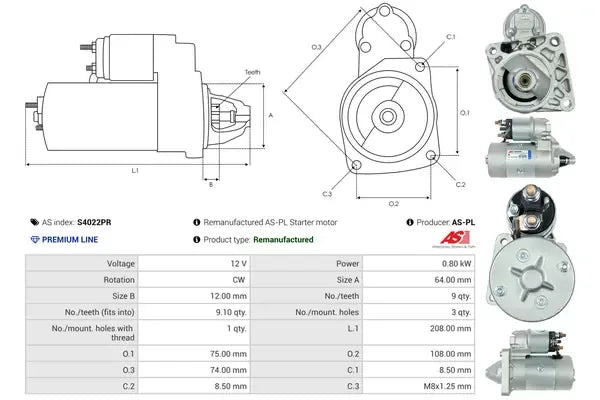 Starter, Autobianchi, Fiat, Lancia, 285x168x142 mm, AS-PL S4022PR