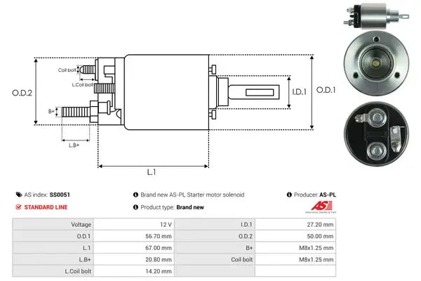 Solenoid electromotor, Audi, Volvo, 187x74x70 mm, AS-PL SS0051