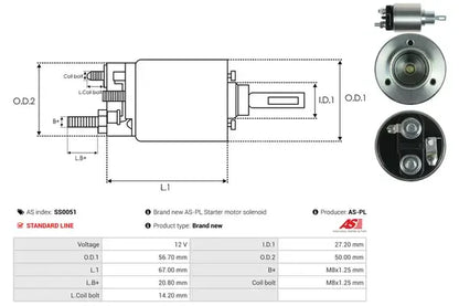 Solenoid electromotor, Audi, Volvo, 187x74x70 mm, AS-PL SS0051