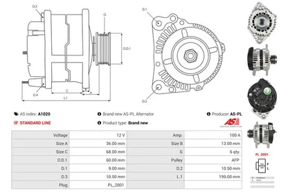 Generator alternator, Opel, 264x186x183 mm, AS-PL A1020