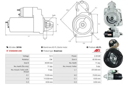 Starter, Alfa Romeo, Chrysler, Dodge, Jeep, Rover, 313x214x148 mm, AS-PL S0166