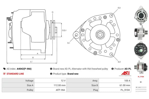 Generator alternator, Alfa Romeo, Fiat, Lancia, Opel, 263x190x188 mm, AS-PL A4042PINA