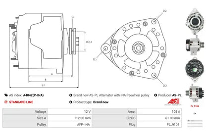 Generator alternator, Alfa Romeo, Fiat, Lancia, Opel, 263x190x188 mm, AS-PL A4042PINA