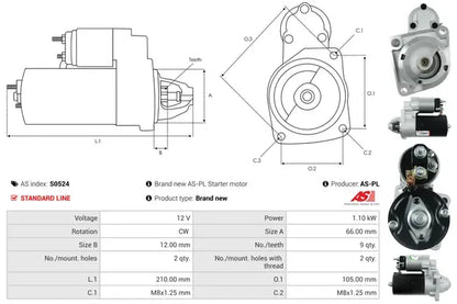 Starter, Citroen, Fiat, Lancia, Peugeot, 283x167x132 mm, AS-PL S0524