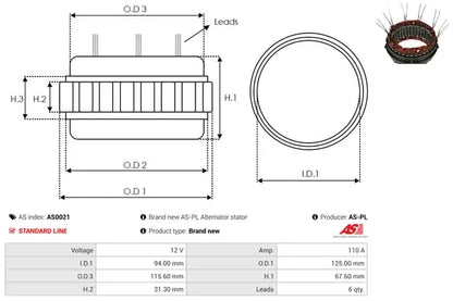 Stator alternator, Audi, Citroen, Fiat, Ford, Iveco, Mercedes_benz, Nissan, Peugeot, SEAT, Skoda, 153x138x92 mm, AS-PL AS0021