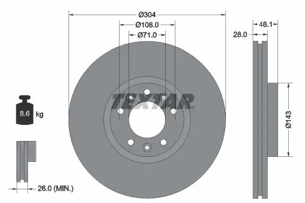 Disc frana, Peugeot, Citroen, Opel, DS, Toyota, Fiat, Iveco 308, 508, 508 Sw, 308 Sw, 3008 Ii Suv, Grandland, Grandland X, Ø304 mm, Textar 92232305