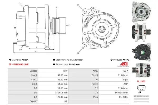 Generator alternator, Ford, Mazda, Volvo, 267x190x186 mm, AS-PL A0284