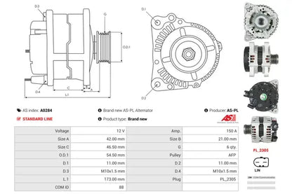 Generator alternator, Ford, Mazda, Volvo, 267x190x186 mm, AS-PL A0284