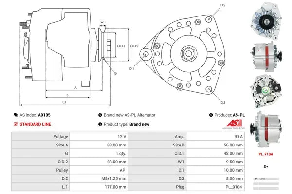 Generator alternator, Audi, SEAT, Skoda, 264x188x186 mm, AS-PL A0105