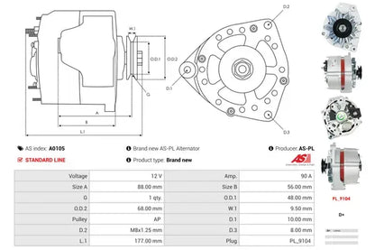 Generator alternator, Audi, SEAT, Skoda, 264x188x186 mm, AS-PL A0105