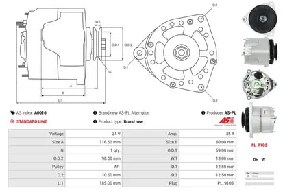 Generator alternator, Ford, Man, Mercedes-Benz, Nissan, Saab, 263x190x186 mm, AS-PL A0016