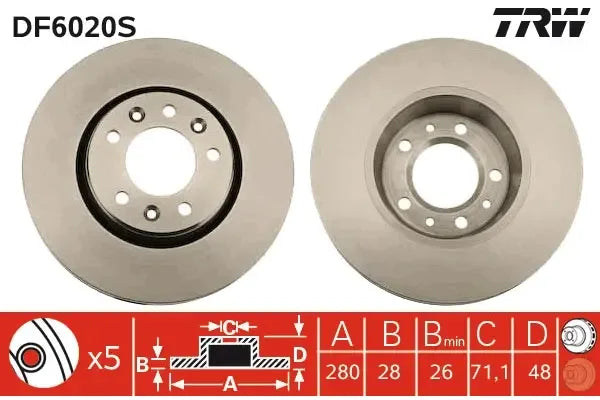 Disc frana, Citroen, Peugeot, Fiat, Toyota Proace Caroserie, Jumpy, Jumpy Ii Caroserie, Jumpy Ii Platou, Sasiu, Scudo Bus, Ø280 mm, TRW DF6020S