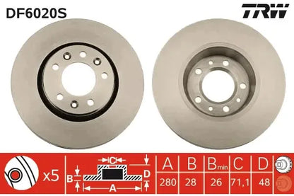 Disc frana, Citroen, Peugeot, Fiat, Toyota Proace Caroserie, Jumpy, Jumpy Ii Caroserie, Jumpy Ii Platou, Sasiu, Scudo Bus, Ø280 mm, TRW DF6020S