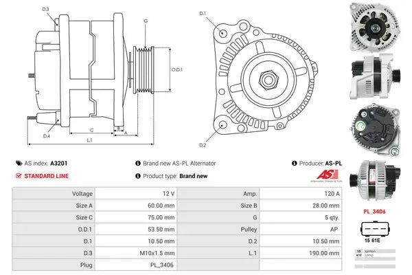 Generator alternator, BMW, Land Rover, Rover, 256x190x189 mm, AS-PL A3201