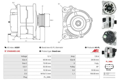 Generator alternator, BMW, Land Rover, Rover, 256x190x189 mm, AS-PL A3201