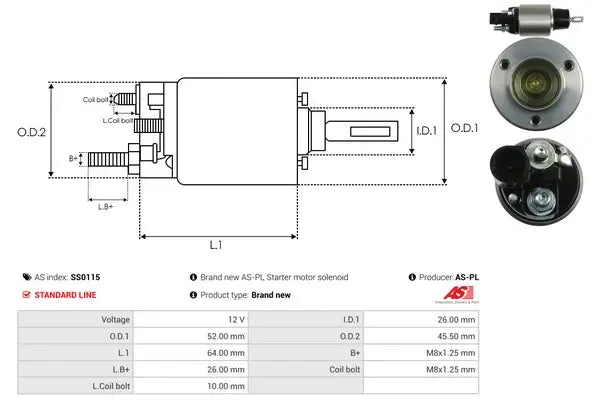 Solenoid electromotor, Audi, Porsche, 186x74x69 mm, AS-PL SS0115