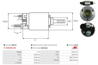 Solenoid electromotor, Audi, Porsche, 186x74x69 mm, AS-PL SS0115