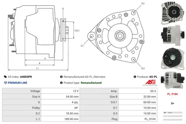 Generator alternator, Citroen, Fiat, Ford, Lancia, Peugeot, 269x188x185 mm, AS-PL A4003PR