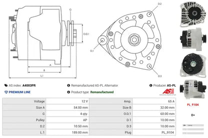 Generator alternator, Citroen, Fiat, Ford, Lancia, Peugeot, 269x188x185 mm, AS-PL A4003PR