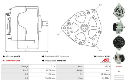 Generator alternator, Alfa Romeo, Fiat, Lancia, Opel, 267x215x203 mm, AS-PL A4073