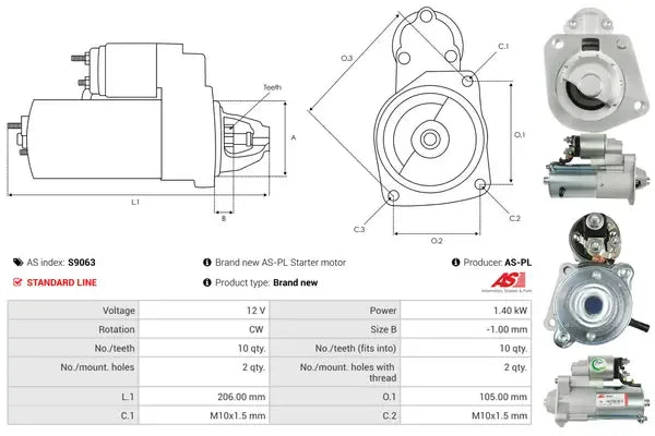 Starter, Ford, Volvo, 277x169x132 mm, AS-PL S9063