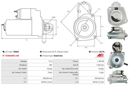 Starter, Ford, Volvo, 277x169x132 mm, AS-PL S9063
