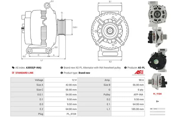 Generator alternator, Alfa Romeo, Citroen, Fiat, Ford, Lancia, Opel, Peugeot, Subaru, Suzuki, 261x194x186 mm, AS-PL A3055PINA