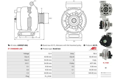 Generator alternator, Alfa Romeo, Citroen, Fiat, Ford, Lancia, Opel, Peugeot, Subaru, Suzuki, 261x194x186 mm, AS-PL A3055PINA