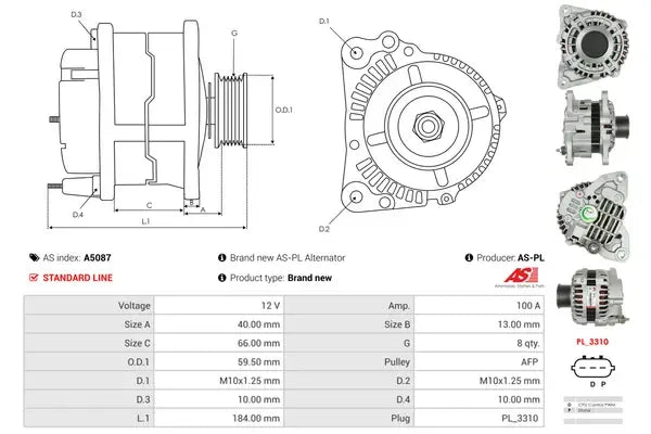 Generator alternator, Mazda, 261x186x186 mm, AS-PL A5087