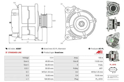 Generator alternator, Mazda, 261x186x186 mm, AS-PL A5087