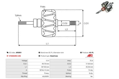 Rotor alternator, 180x162x126 mm, AS-PL AR5001