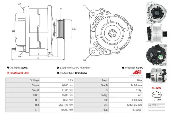 Generator alternator, Audi, Mercedes-Benz, SEAT, Skoda, 270x192x186 mm, AS-PL A0027
