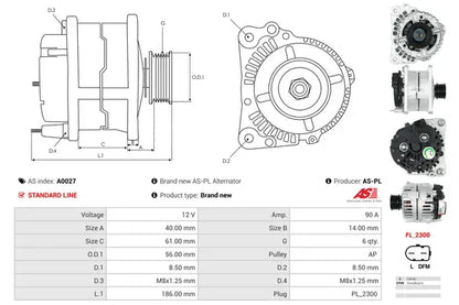 Generator alternator, Audi, Mercedes-Benz, SEAT, Skoda, 270x192x186 mm, AS-PL A0027