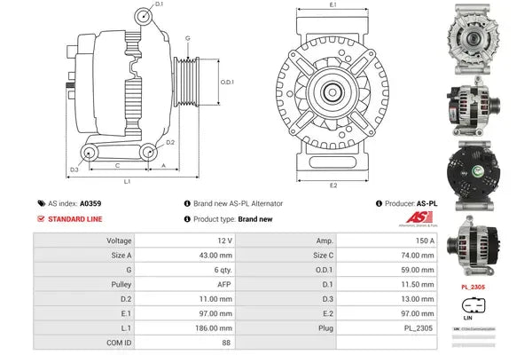 Generator alternator, Citroen, Ford, Peugeot, 318x228x193 mm, AS-PL A0359