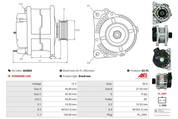 Generator alternator, Citroen, Fiat, Lancia, Peugeot, Toyota, 267x185x184 mm, AS-PL A6386S