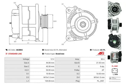 Generator alternator, Citroen, Fiat, Lancia, Peugeot, Toyota, 267x185x184 mm, AS-PL A6386S