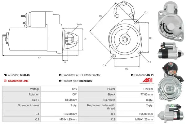 Starter, Hyundai, Kia, 282x167x136 mm, AS-PL S9314S