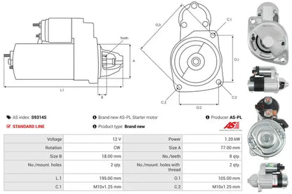 Starter, Hyundai, Kia, 282x167x136 mm, AS-PL S9314S