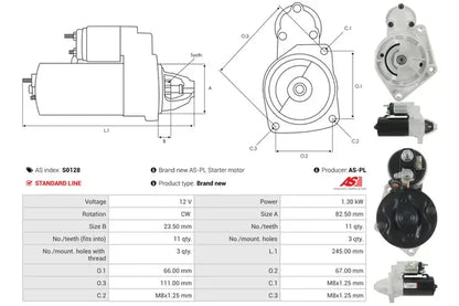 Starter, Alfa Romeo, Chevrolet, Fiat, Lada, 286x139x170 mm, AS-PL S0128
