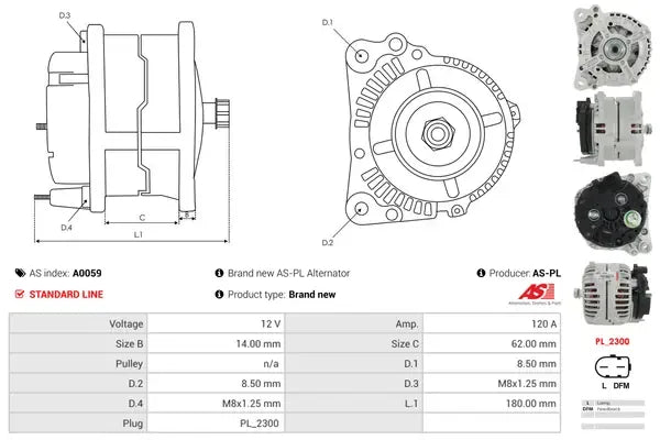 Generator alternator, Audi, Chrysler, Ford, Opel, SEAT, Skoda, 267x189x186 mm, AS-PL A0059