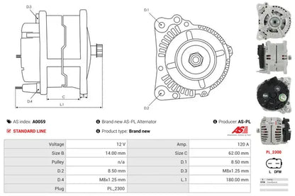 Generator alternator, Audi, Chrysler, Ford, Opel, SEAT, Skoda, 267x189x186 mm, AS-PL A0059