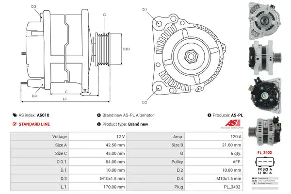 Generator alternator, Ford, Mazda, Volvo, 235x198x192 mm, AS-PL A6010