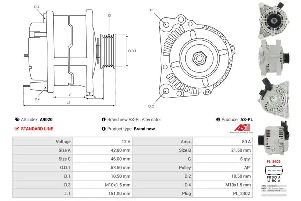 Generator alternator, Alfa Romeo, Fiat, Ford, Lancia, Mazda, Opel, Peugeot, Suzuki, 262x184x186 mm, AS-PL A9020