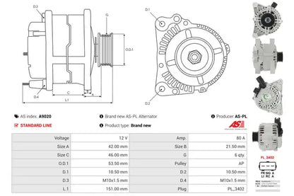Generator alternator, Alfa Romeo, Fiat, Ford, Lancia, Mazda, Opel, Peugeot, Suzuki, 262x184x186 mm, AS-PL A9020