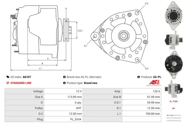 Generator alternator, Alfa Romeo, Fiat, Lancia, Opel, 264x190x184 mm, AS-PL A6107