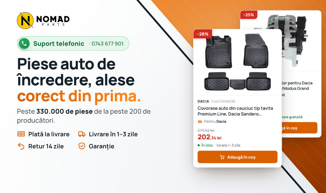 Nomad Parts: piese auto de incredere, alese corect din prima. Peste 330.000 de piese de la peste 200 de producatori, cu plata la livrare, livrare in 1–3 zile si retur in 14 zile.