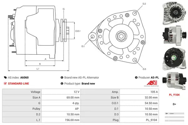 Generator alternator, Abarth, Alfa Romeo, Fiat, Ford, Lancia, 261x188x184 mm, AS-PL A6060